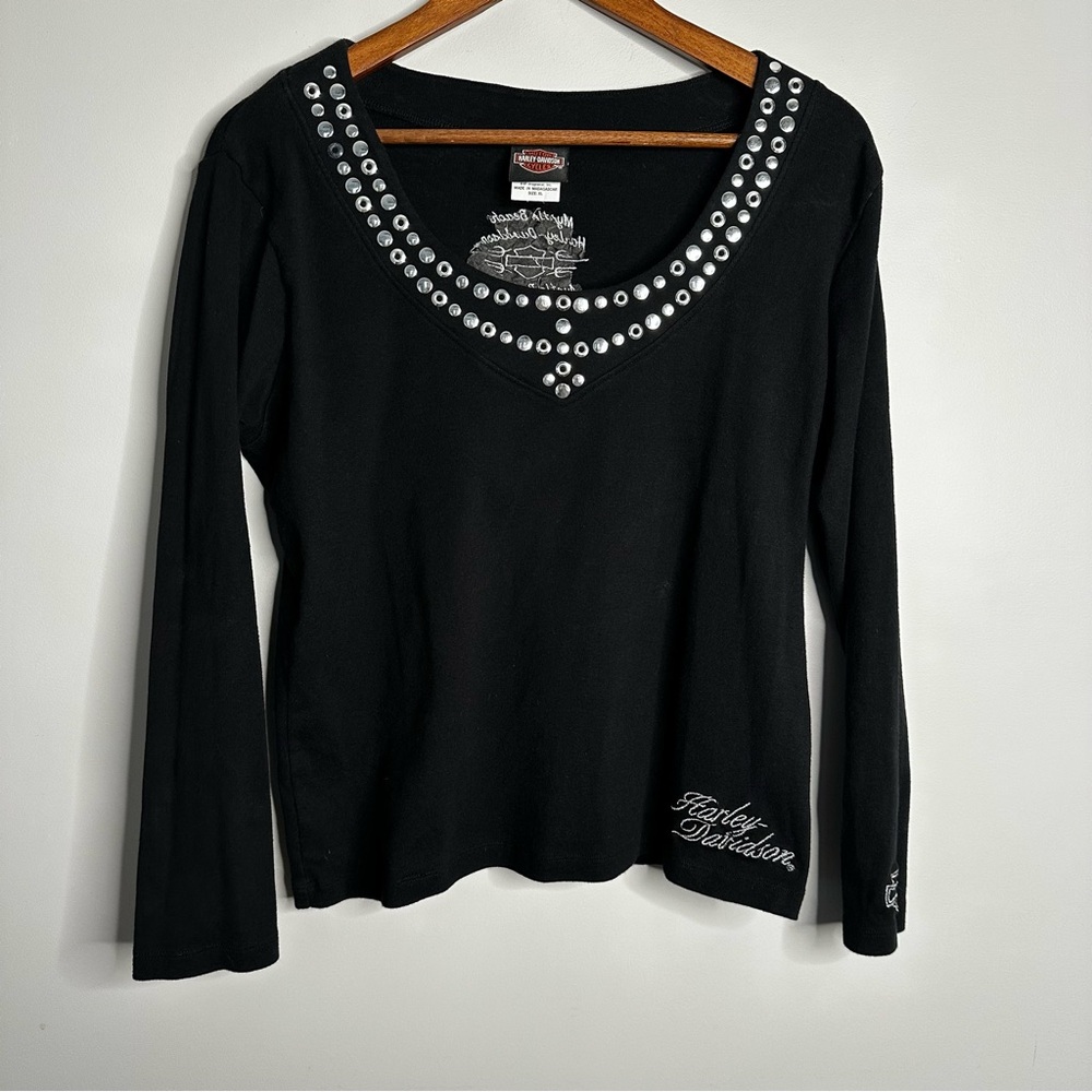 Y2K Harley-Davidson Myrtle Beach SC Studded Scoop Neck Long Sleeve Top Womens XL